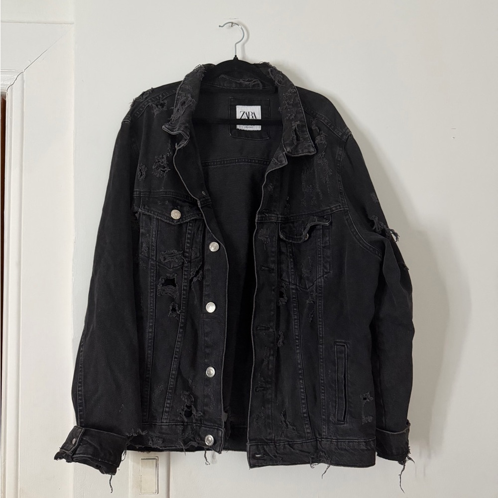 Zara Charcoal Frayed Denim Jacket
